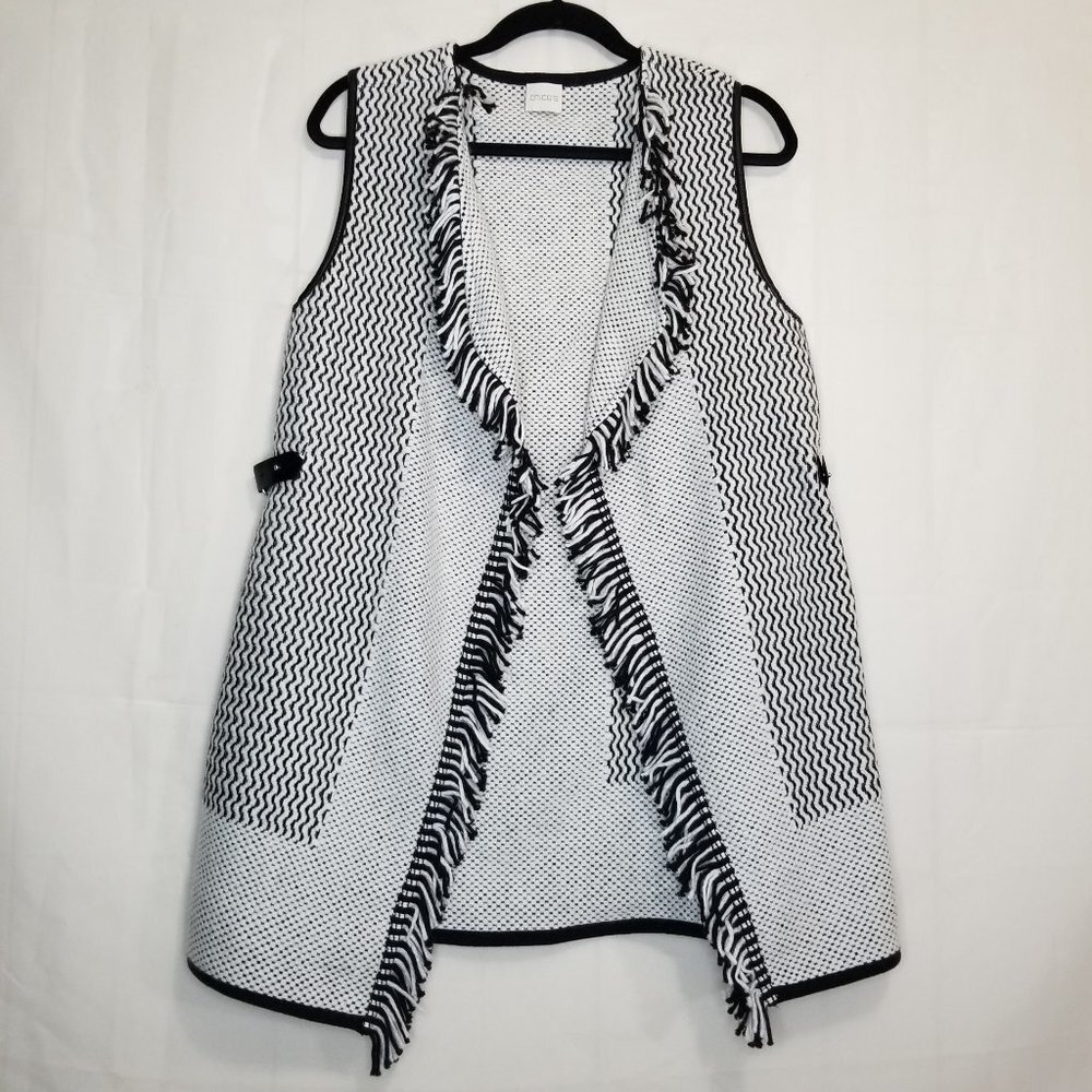 Chico's Gigi Textured Sweater Vest ivory black size S? knit fringe pleather trim